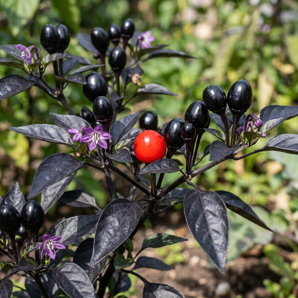 Black Pearl Pepper chili pepper on the plant