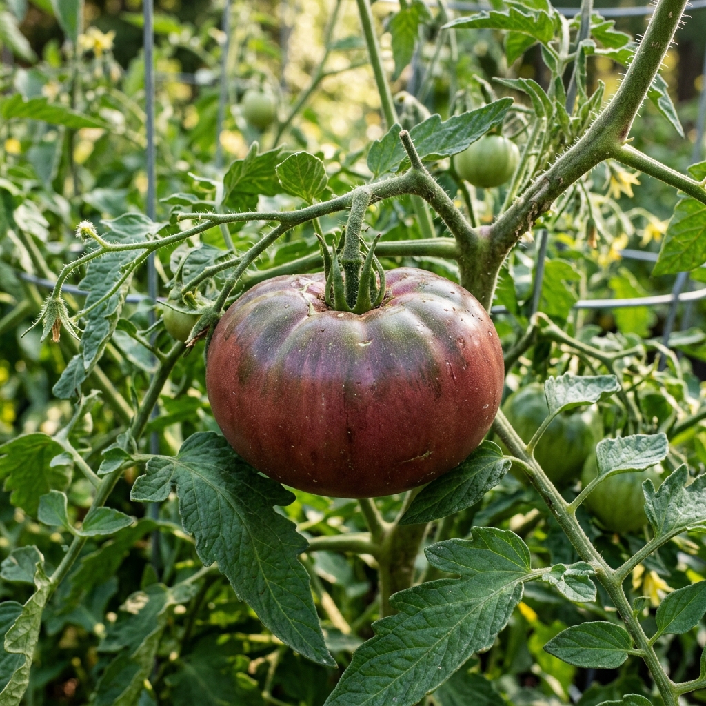 Cherokee Purple tomato on the plant