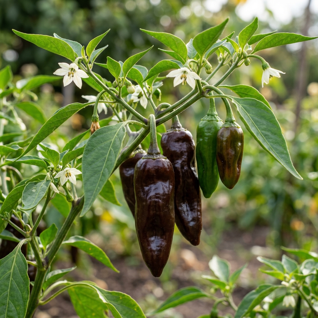 Chilhuacle Negro chili pepper on the plant