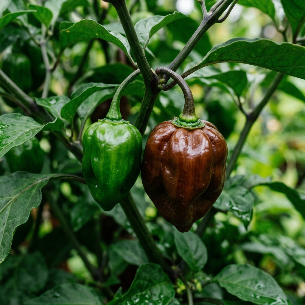 Chocolate Habanero chili pepper on the plant