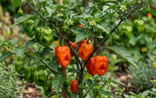Habanero chili pepper on the plant