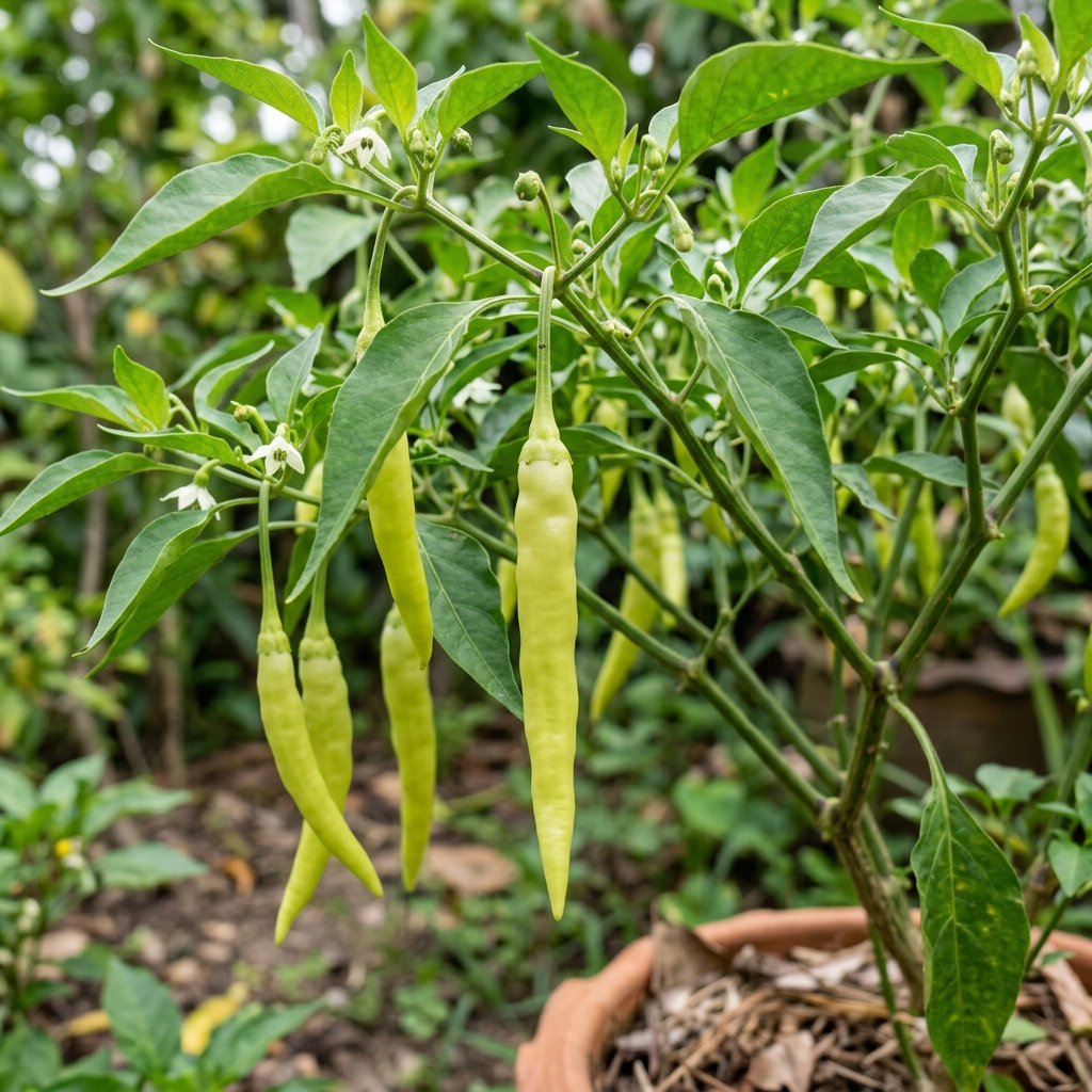 Prik Num Pepper chili pepper on the plant