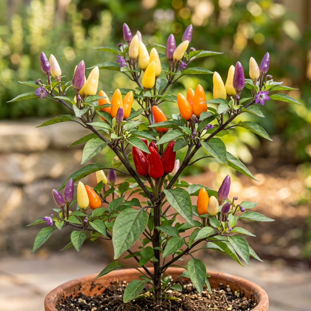 Chinese Five Color Pepper chili pepper on the plant