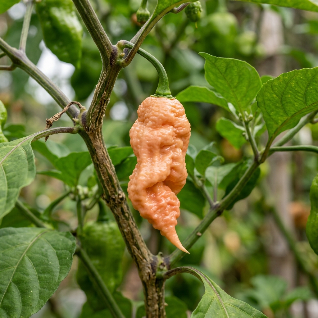 Jay's Peach Ghost Scorpion chili pepper on the plant